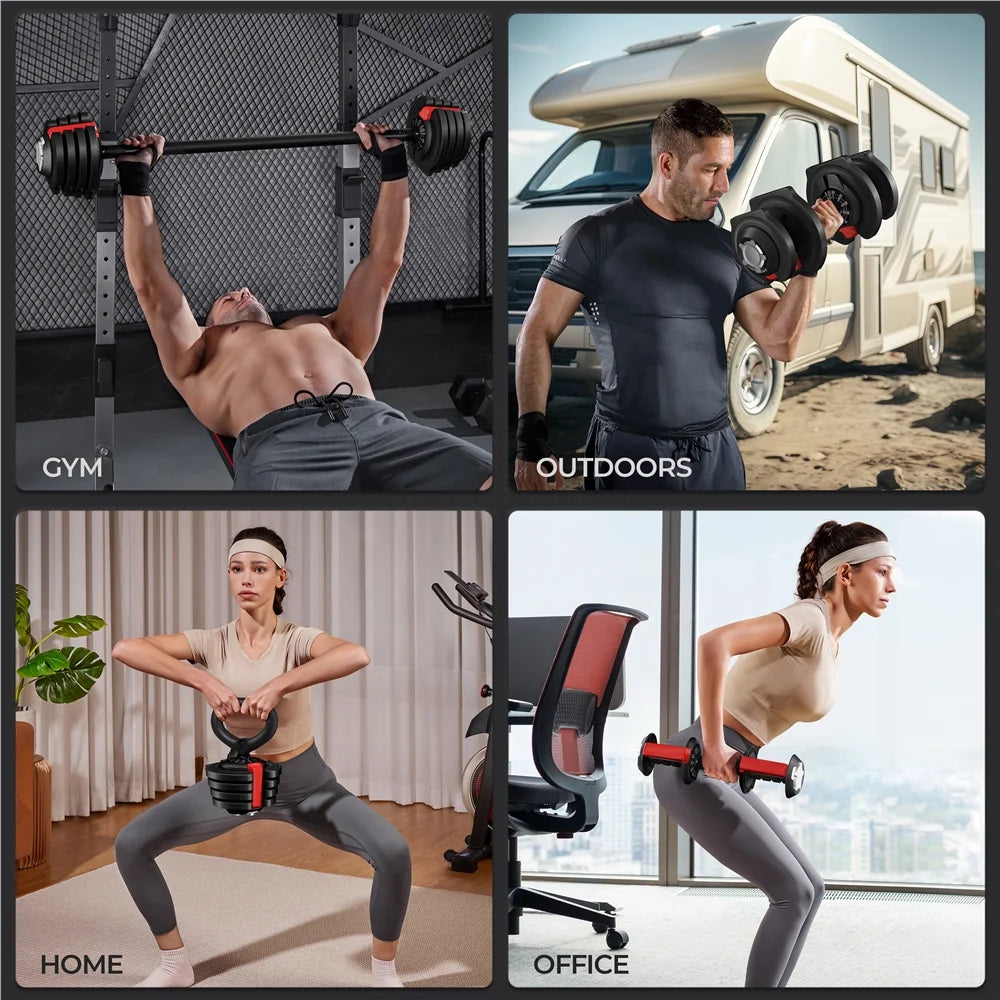 Convertible fitness equipment used as barbell, dumbbell, and kettlebell in gym, outdoor, home, and office settings