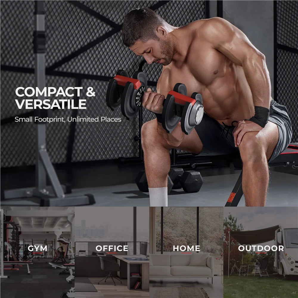 Compact and versatile adjustable dumbbell designed for space-saving and multiple workout styles