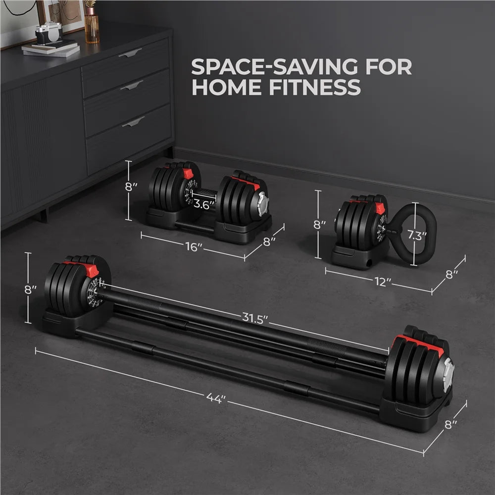 Size details of adjustable dumbbell (8"×16"×8", 3.6" handle), barbell (8"×44", 31.5" bar), and kettlebell (8"×12"×8", 7.3" handle) displayed for comparison