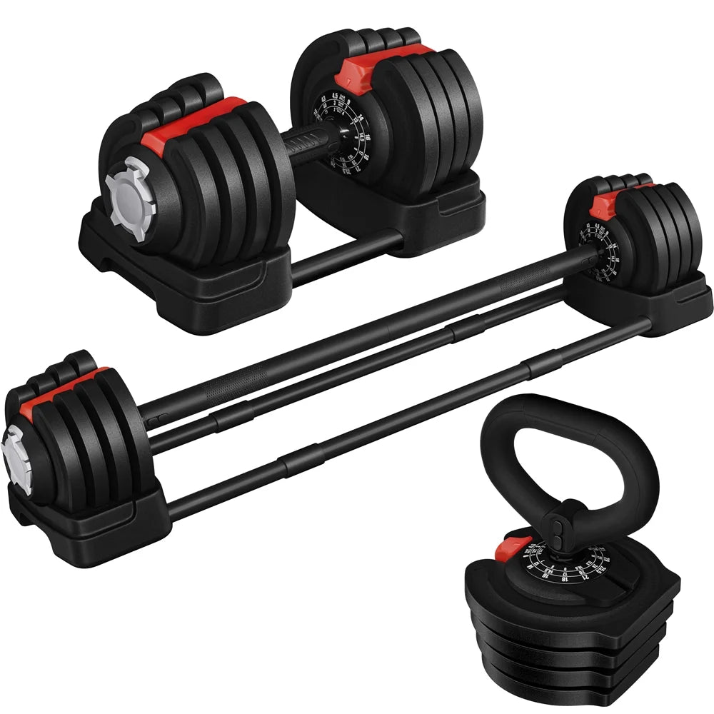 Weight-adjustable barbell, dumbbell, and kettlebell arranged together on the ground