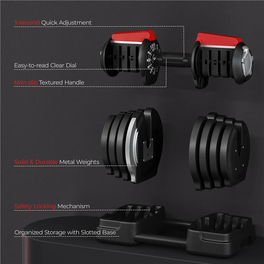 Adjustable dumbbell with quick weight change, easy-to-read dial, non-slip handle, and safety locking mechanism on metal weight base