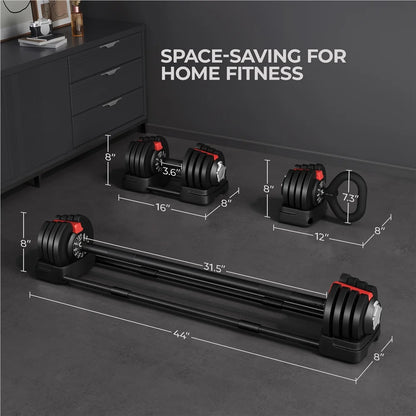 Size details of adjustable dumbbell (8"×16"×8", 3.6" handle), barbell (8"×44", 31.5" bar), and kettlebell (8"×12"×8", 7.3" handle) displayed for comparison
